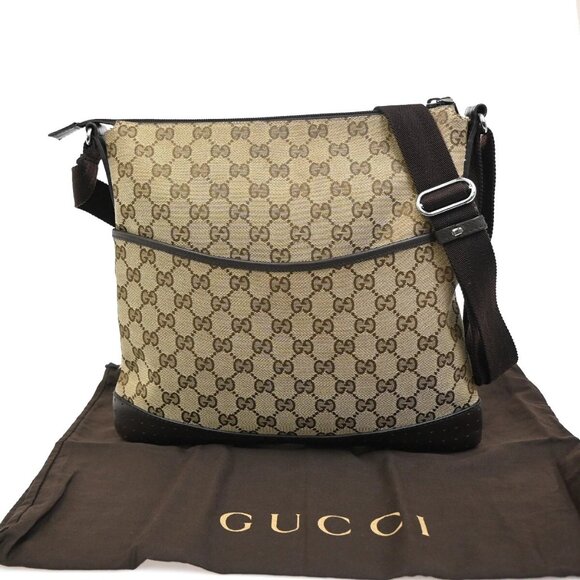 GUCCI Logo GG Pattern Crossbody Shoulder Bag Canvas Leather Brown Italy